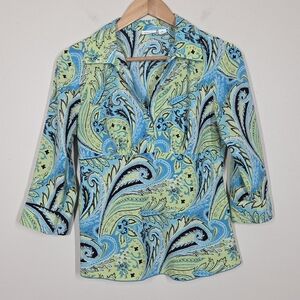 Vtg Y2K Cato Blue Green Paisley Babydoll Top 3/4 Sleeves Fairy Boho Artsy Small